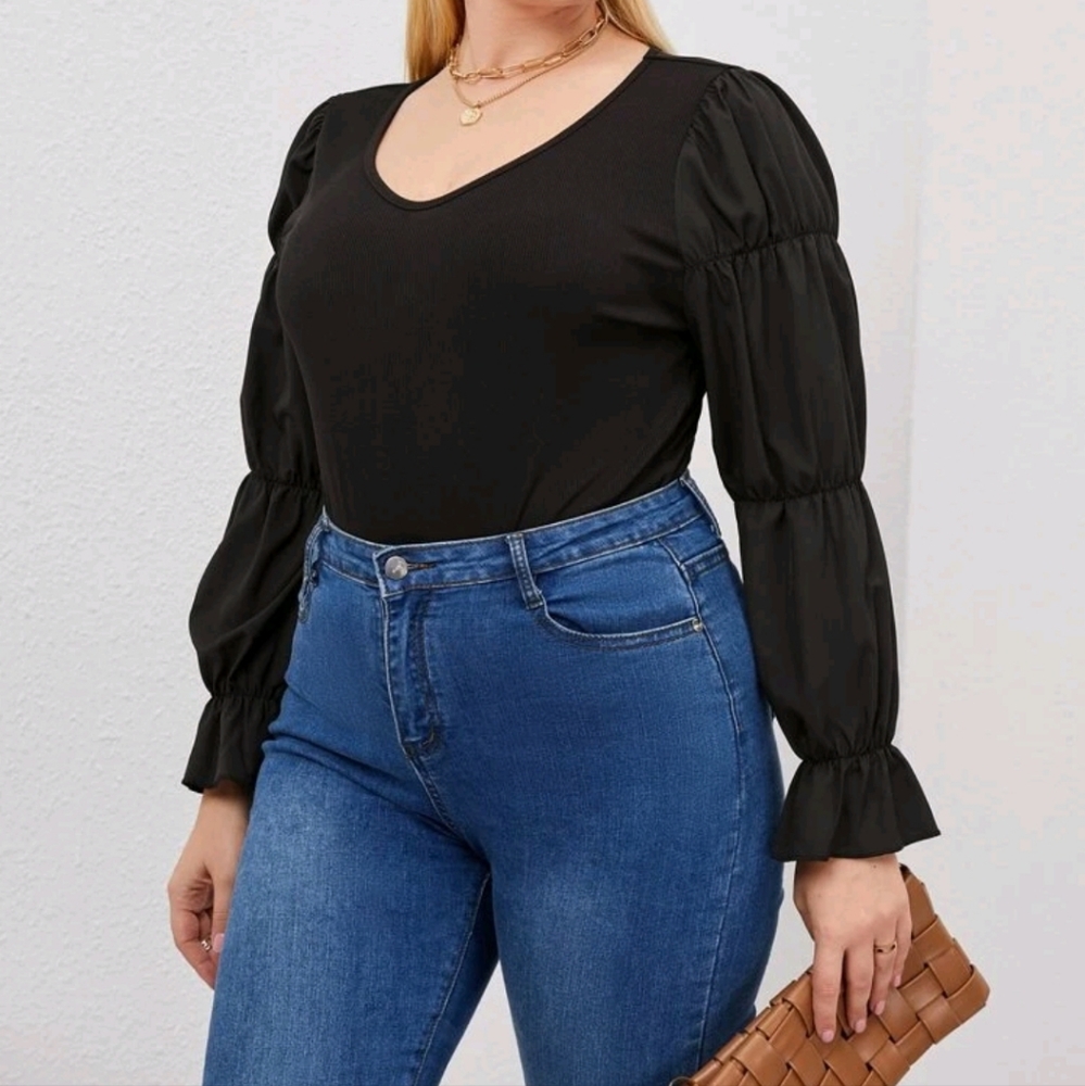 Ruched Flounce Long Sleeved Bodysuit-Plus
